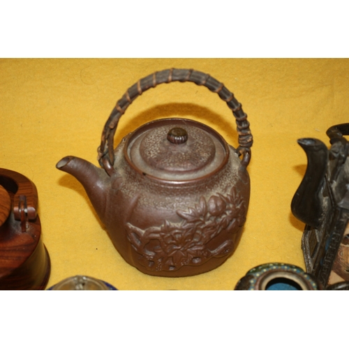 17 - Selection of Chinese and Japanese Teapots including Yixing, Wood Turned, Pewter Erotic Porcelain Pic... 