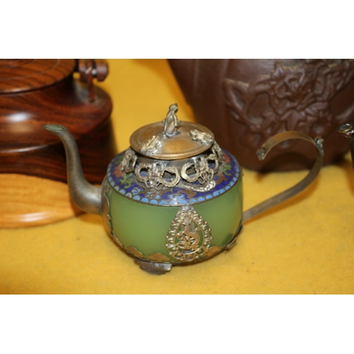 17 - Selection of Chinese and Japanese Teapots including Yixing, Wood Turned, Pewter Erotic Porcelain Pic... 