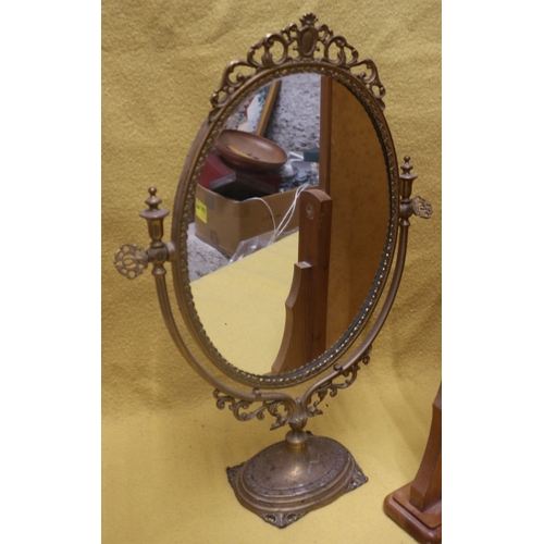 26 - Vintage Brass Ornate Oval Design Dressing Table Swing Mirror plus a Pine Rectangular Dresser Mirror