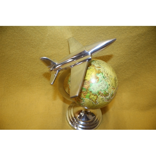 44 - Boxed Aluminium Aeroplane Flying over Globe - 30Cm Tall