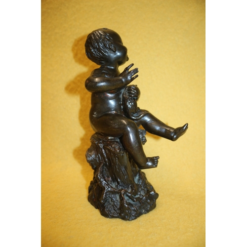 47 - Bronzed Figure of a Naked Boy Sitting Holding a Cat with the Number 19274 L on the Underside - 19cm ... 