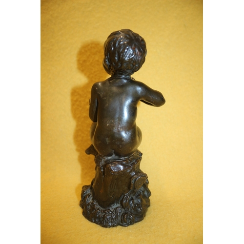 47 - Bronzed Figure of a Naked Boy Sitting Holding a Cat with the Number 19274 L on the Underside - 19cm ... 