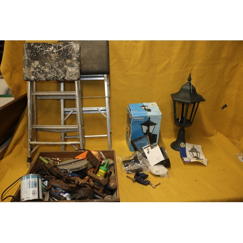 238 - Mixed Lot including 2 x Carriage Style Lights, 2 x Step Ladders plus various Tools