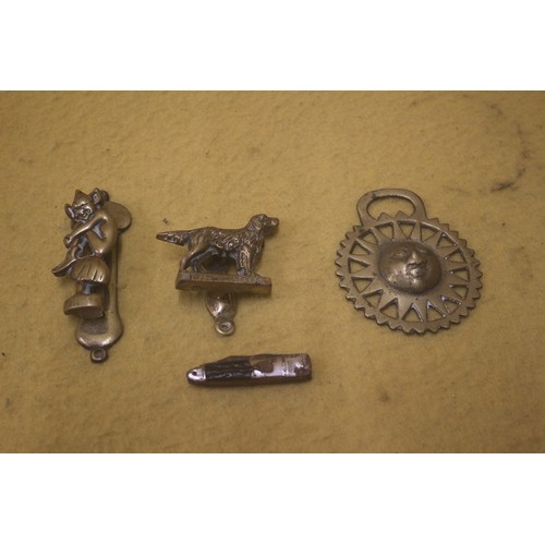 243 - 2 x Brass Door Knockers, Pixie and Irish Setter Dog plus Miniature Knife and a Vintage Horse Brass