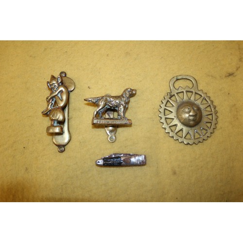 243 - 2 x Brass Door Knockers, Pixie and Irish Setter Dog plus Miniature Knife and a Vintage Horse Brass