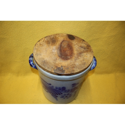 16 - Large Ironstone Salt Glazed Two Tone Storage Pot with Solid Wood Lid - 31.5cm Tall