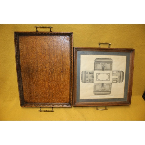 20 - 2 x Early 20th Century Trays - One Solid Wood with Ornate Edging and One with Etching of Garden Room... 