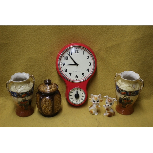 27 - Sylvac Peacock Design Pot with Lid, Vintage Cat & Dog Figures, Pair of Mantlepiece Vases and a Clock... 