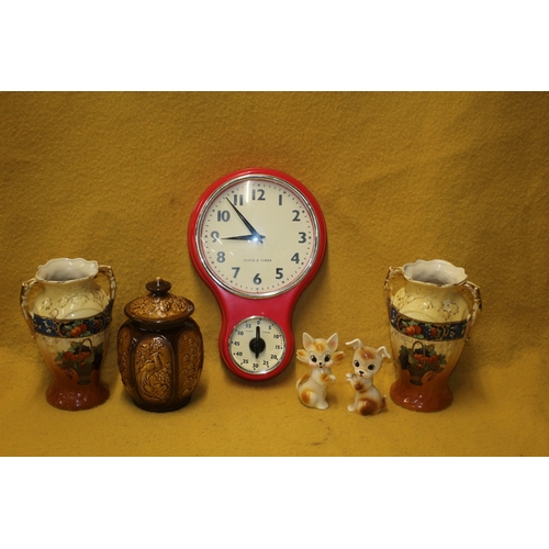 27 - Sylvac Peacock Design Pot with Lid, Vintage Cat & Dog Figures, Pair of Mantlepiece Vases and a Clock... 