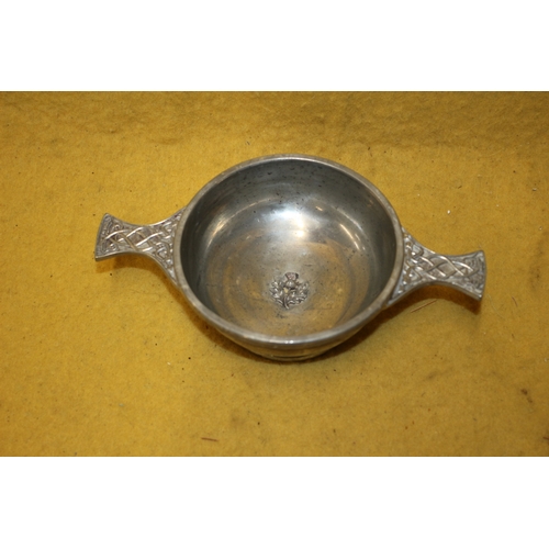 28 - Vintage Scottish Pewter Quaich with Thistle Design Centre Motif