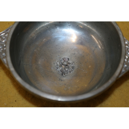 28 - Vintage Scottish Pewter Quaich with Thistle Design Centre Motif