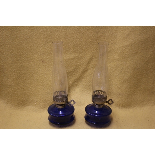 3 - Pair of Vintage Oil Lamps in Bristol Blue Colour, includes Flume Glass and Wicks - 38cm Tall