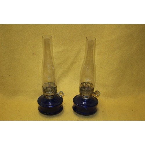 3 - Pair of Vintage Oil Lamps in Bristol Blue Colour, includes Flume Glass and Wicks - 38cm Tall