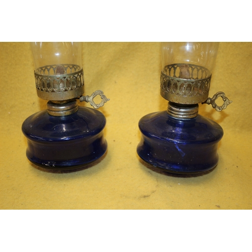 3 - Pair of Vintage Oil Lamps in Bristol Blue Colour, includes Flume Glass and Wicks - 38cm Tall