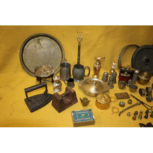 33 - Large Mixed Lot of Metal Items including Weights, Old Card Drawer, Thimbles and Much More