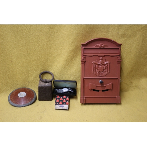 34 - Metal Vintage Style Letter Box with Key, Vintage Discus, Old Market Stall / Grocers Weight and Other