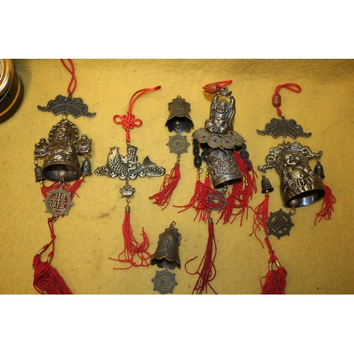 37 - Chinese Hanging Items including Bells plus a Art of Chokin Pot