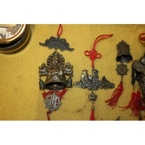 37 - Chinese Hanging Items including Bells plus a Art of Chokin Pot