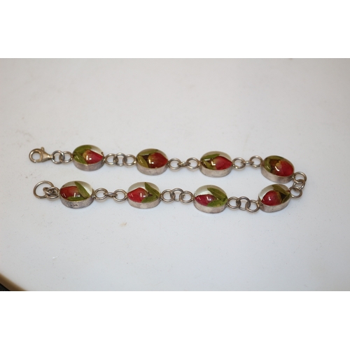 43 - Very Nice 925 Marked Silver Bracelet with Flowers Set in Beads