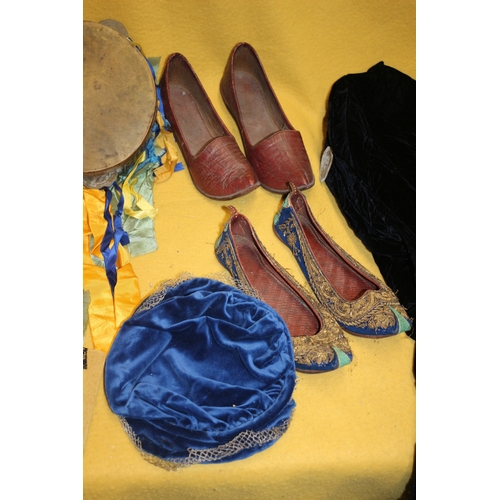 343 - Vintage Designer Dresses plus Dance Items from the East and a Mother of Pearl Covered Tambourine