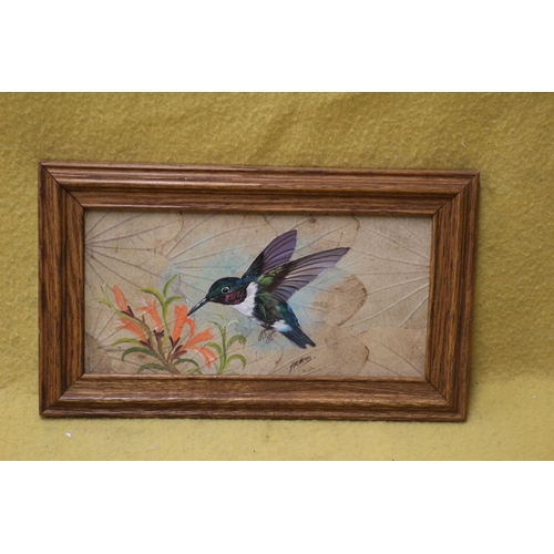 371 - Hand Painted Humming Bird Picture, On Leaves. Measurements are 37cm x 21.5cm