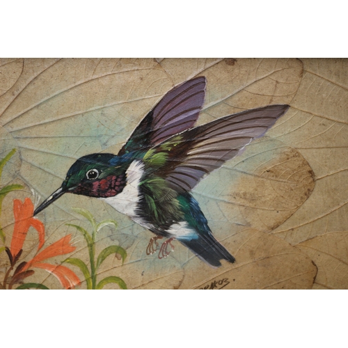 371 - Hand Painted Humming Bird Picture, On Leaves. Measurements are 37cm x 21.5cm