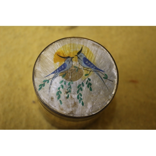 374 - Brass Pot with Hand Painted Mother of Pearl Lid Depicting a Pair of Birds