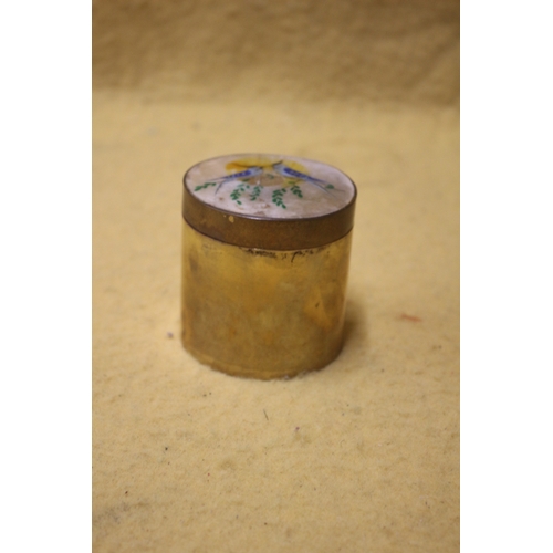 374 - Brass Pot with Hand Painted Mother of Pearl Lid Depicting a Pair of Birds