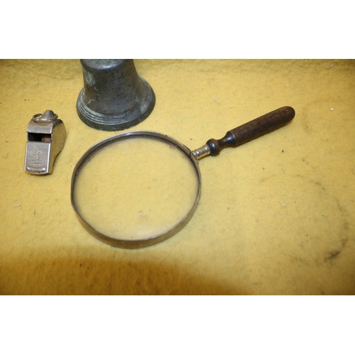 406 - Vintage Hand Held Magnifying Glass, Acme Thunderer Whistle with Pea and Antique Bronze Bell