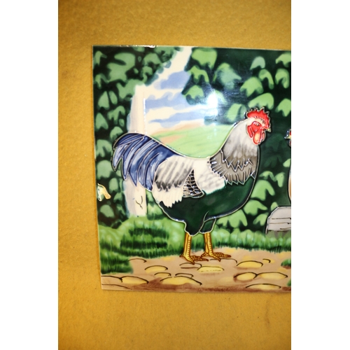 103 - Large Tile with Hens and Cock, Moorcroft Style, 28 x 35.5cm