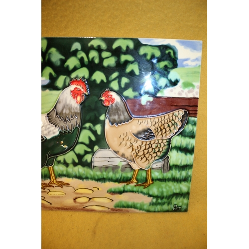 103 - Large Tile with Hens and Cock, Moorcroft Style, 28 x 35.5cm