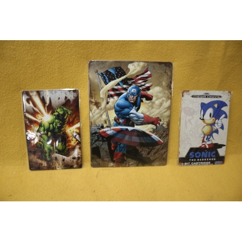 126 - 3 Metal Signs, Hulk, Captain America and Sonic, Tallest is 40cm