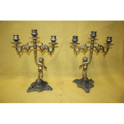 175 - Pair of Metal Cherub, 3 Holder Candle Sticks 35cm Tall