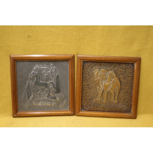 445 - Copper and Metal Pressings, One Elephant and One Horse, Horse is signed L.V.WILD, 36 X 36 cm