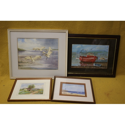 447 - Collection of Watercolours- Fishing Boat, Swans, Beach & Farm House, Various Sizing, Largest is 47 x... 