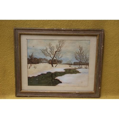 455 - Snow Scene Watercolour by F Hopgood - 47 x 38cm