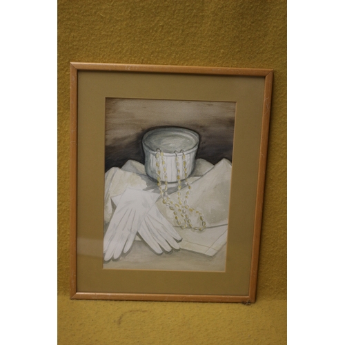 462 - Aged Watercolour of White Gloves and Pot - 44 x 35