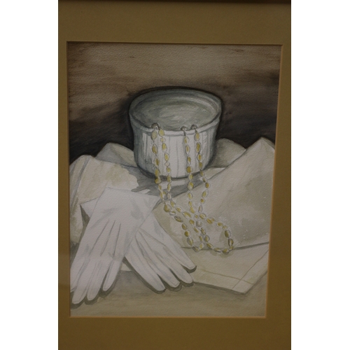 462 - Aged Watercolour of White Gloves and Pot - 44 x 35