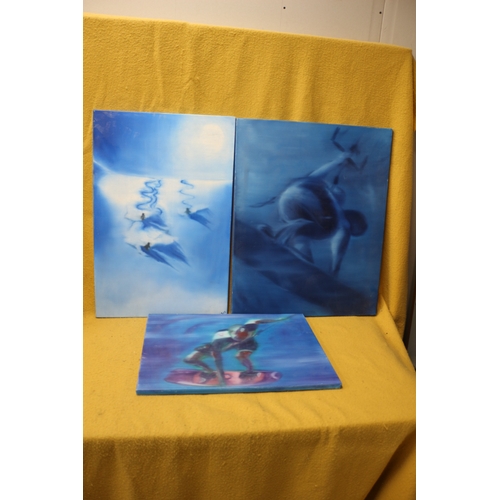 465 - 3 Large Canvas Pictures of Surfing Scenes - Largest 76 x 71