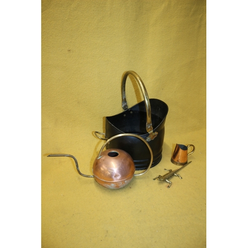 479 - Vintage Coal Scuttle plus Portuguese Copper Kettle, Brass Lizard and Jug