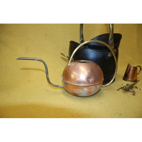 479 - Vintage Coal Scuttle plus Portuguese Copper Kettle, Brass Lizard and Jug