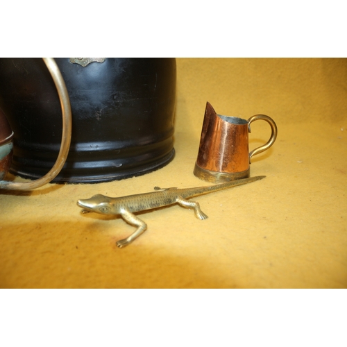 479 - Vintage Coal Scuttle plus Portuguese Copper Kettle, Brass Lizard and Jug