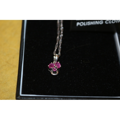 501 - Very Pretty Ruby and Silver Pendant Necklace on Silver Chain in Box