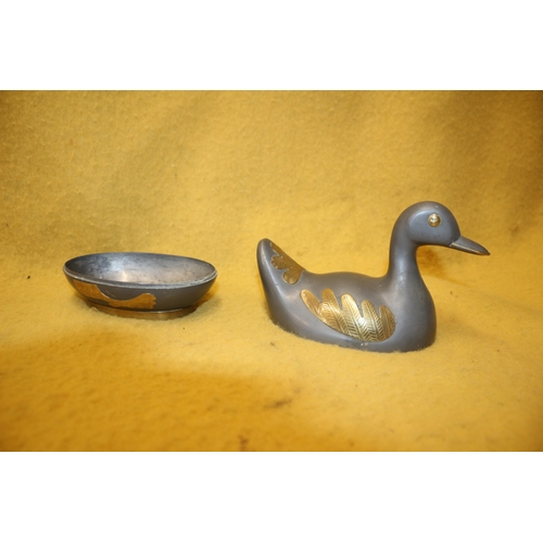 506 - Pewter Duck with Bronze Decoration, Trinket Box