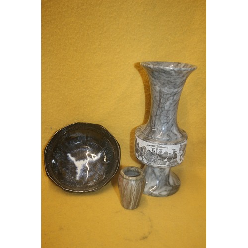 349 - Heavy Stone Vase, (25cm Tall), with smaller Vase plus an Irish Studio Art Bowl