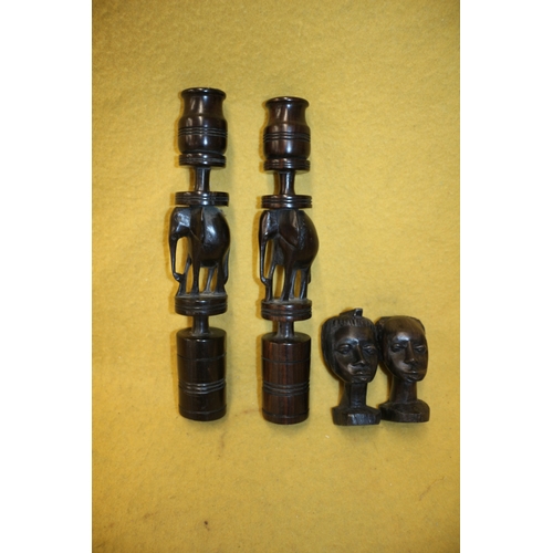 22 - African Tribal Candle Sticks, Plus x2 Busts, 27cm Tall