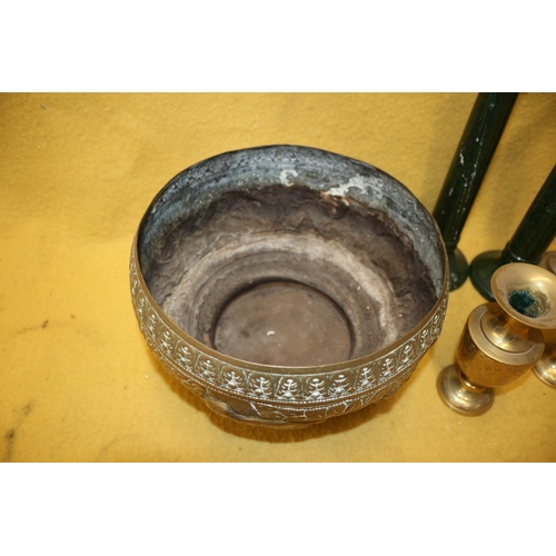 24 - Indian Copper Bowl plus Candle Sticks