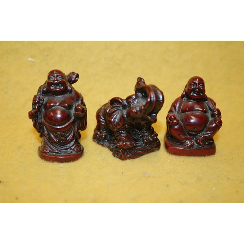 48 - 3 Small Red Resin Chinese Figures Including Elephant and Buddhas