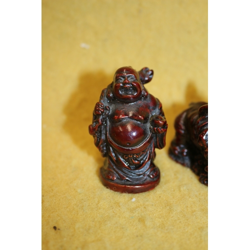 48 - 3 Small Red Resin Chinese Figures Including Elephant and Buddhas