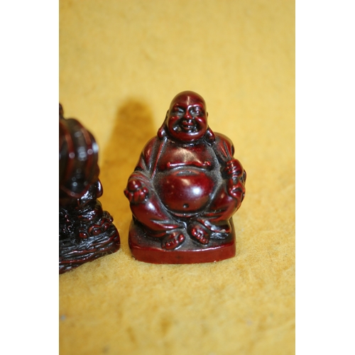 48 - 3 Small Red Resin Chinese Figures Including Elephant and Buddhas